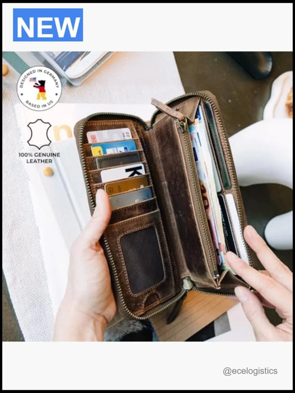 Genuine Leather RFID Blocking Zip Around Wallet 13 Card Slots ID Window